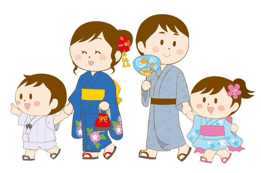 浴衣姿のファミリーのイラスト素材（浴衣・じんべい・うちわ）