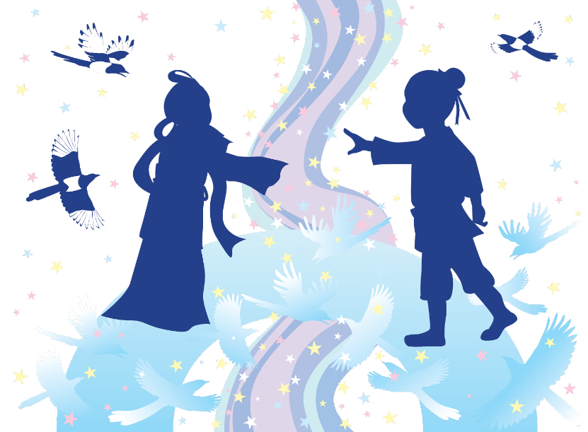 カササギ橋と織姫彦星シルエットのイラスト素材（天の川、星、織姫、彦星、カササギ）