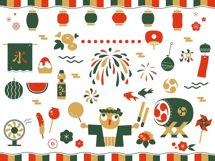 夏祭り3色アイコンイラストセット（花火・提灯・うちわ・風鈴・ヨーヨー・ラムネ・わたあめ・りんごあめ・チョコバナナ・太鼓・金魚）