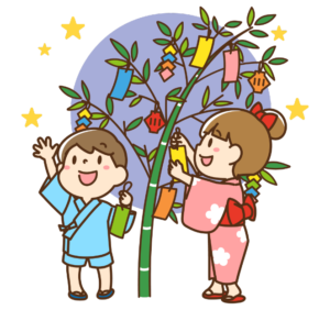 短冊を吊るす子供たちのイラスト（男の子、女の子、浴衣、甚兵衛、笹、竹、短冊、星）