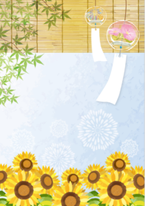 すだれと向日葵の和風イラストフレーム枠