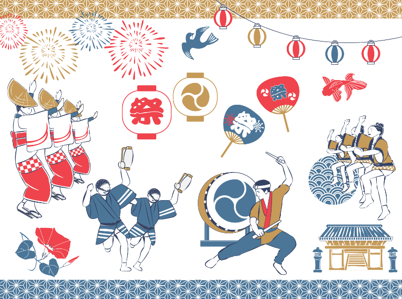 3色のお祭りのイラスト素材（提灯・よさこい・金魚・阿波踊り・太鼓・アサガオ・うちわ）