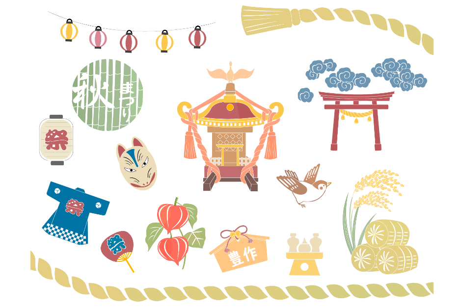 秋のお祭りイラスト素材（豊作・神社・鳥居・米俵・お神酒・キツネ・お面・提灯・ホオズキ・絵馬・稲穂・うちわ）