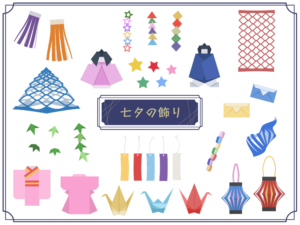七夕飾りのイラスト素材（織り姫 彦星・星・リング 輪っか・提灯・網飾り・吹き流し）