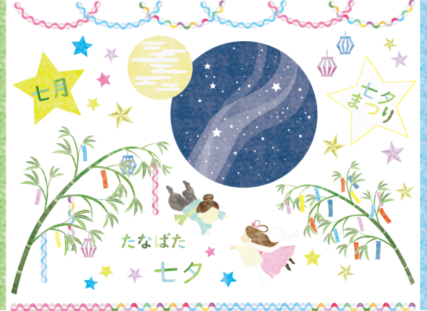 水彩風星空と七夕飾りのイラスト素材（星、星空、おりひめ、ひこぼし、短冊、吹き流し、笹飾り）