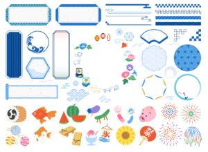 日本の夏のフレームとイラストセット（花火・提灯・金魚・うちわ・ヨーヨー・太鼓・かきごおり）