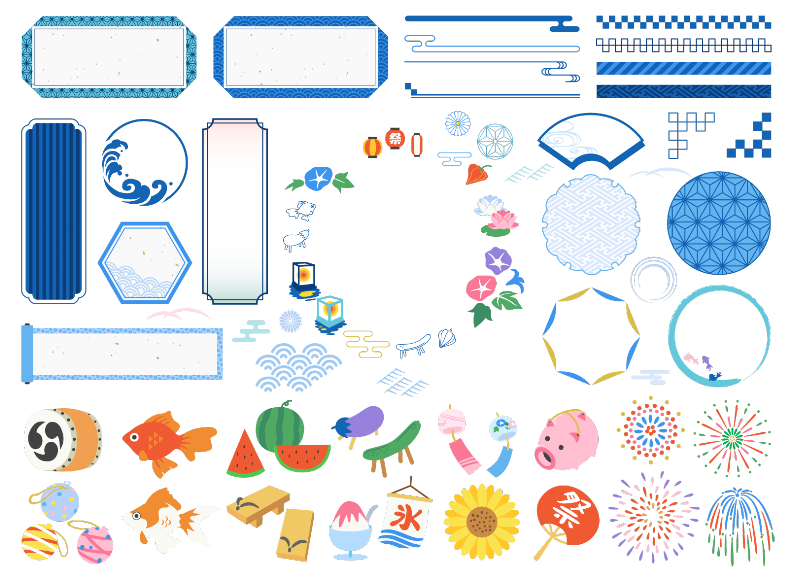日本の夏のフレームとイラストセット（花火・提灯・金魚・うちわ・ヨーヨー・太鼓・かきごおり）