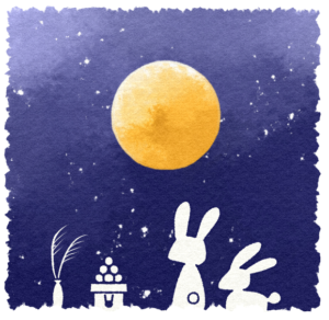消しゴムハンコ風お月見イラスト（お月見、うさぎ、すすき、星）