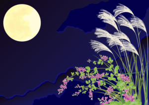 月夜、芒と山萩ー横サイズ（秋萩、山萩、秋、はぎ、ススキ、十五夜、花鳥風月、満月、月見）