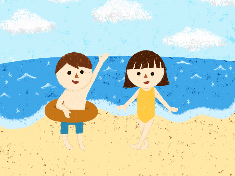 切り絵風の海で遊ぶ男の子と女の子（海水浴、ビーチ、浮き輪、水着、雲、砂浜）
