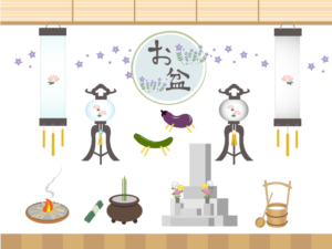 お盆イラスト素材セット（釣り提灯、墓参り、桔梗、送り火、迎え火、きゅうり、ナス、線香、手桶、盆提灯）