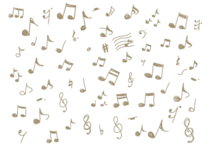 手描き音符のイラストセット（音符、全音符、2分音符、4分音符、8分音符、16分音符、全休符、休符、シャープ、フラット、ナチュラル、スタッカート、ト音記号）