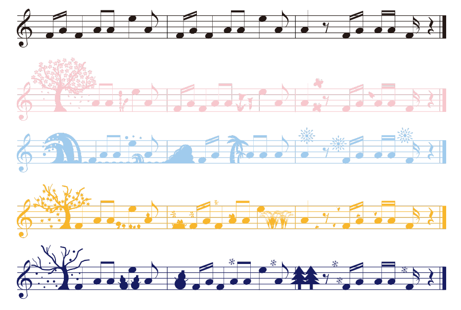 四季シルエットの音符（音符、五線譜、春夏秋冬、波、雲、やしの木、花火、紅葉、リス、稲穂、雪、雪だるま、雪の結晶、ヘ音記号、つくし、チューリップ、きのこ）