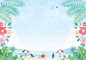 南国風海と浜辺の背景イラスト素材（海、ハイビスカス、ヤシの木、貝殻、花、ヒトデ、飛行機、葉っぱ、ビーチパラソル、サーフィン）