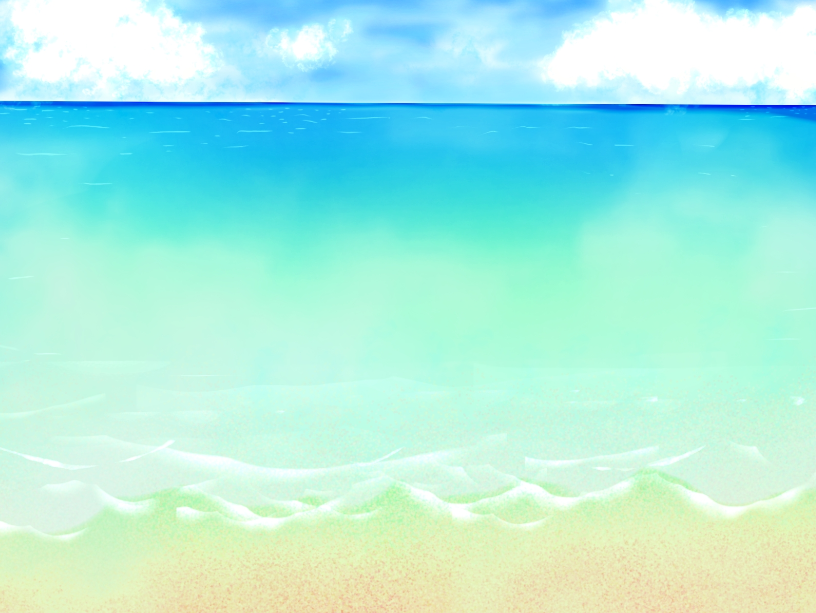 水彩手書き風海と砂浜の背景イラスト（海、砂浜、波、雲）