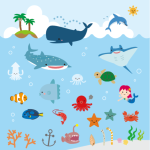 かわいい海の生き物たち（ジンベイザメ、クジラ、イルカ、島、ヤシの木、入道雲、マンタ、エイ、マンボウ、クマノミ、エビ、タコ、クラゲ、人魚、ヒトデ、カニ、チンアナゴ、サンゴ、ナンヨウハギ、ウミガメ）