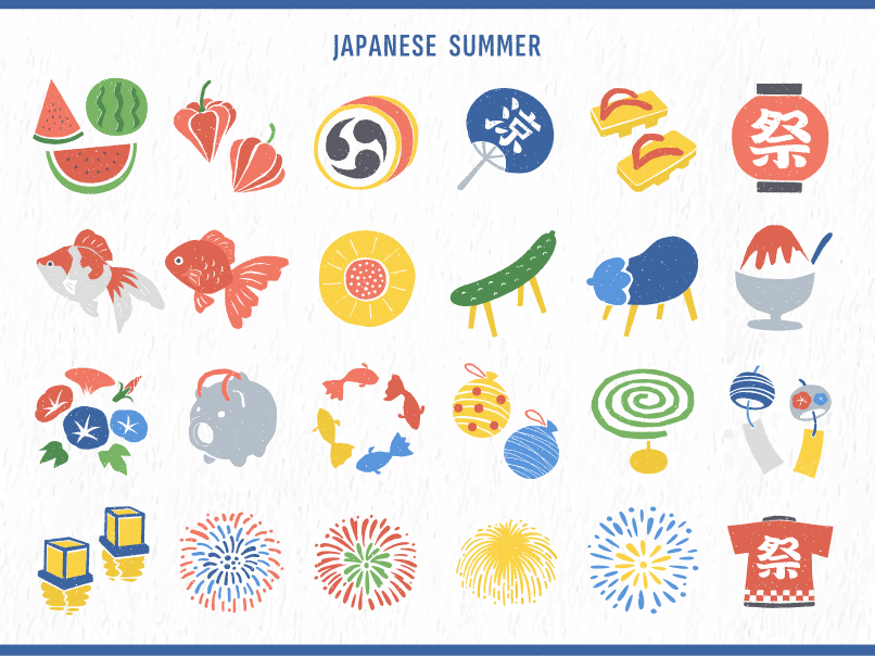 夏祭りとお盆のアイコンイラストセット（夏祭、花火、金魚、提灯、かき氷、風鈴、水風船、アサガオ、スイカ、ひまわり、打ち上げ花火、蚊取線香、線香、太鼓、うちわ、灯籠流し、ほおづき、精霊馬、ハンコ、朝顔、下駄、ヨーヨー、金魚すくい）
