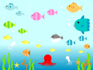 海中の魚たちのイラスト（タコ、マンボウ、イカ、ヒトデ、海草、ワカメ）