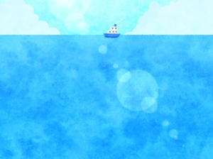 手描き風海と船の背景イラスト（海、入道雲、船、水平線）