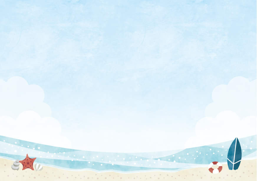 水彩風おしゃれな海辺の背景イラスト（海、波、空、貝殻、ヒトデ、サーフィン、浮き輪、ビーチ、砂浜）