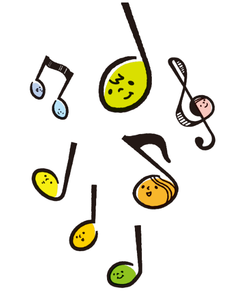 かわいい音符さんたちのイラスト（音符、音楽、カラフル、八分音符、四分音符、ト音記号、顔）