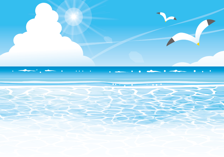 夏の海の風景の背景イラスト素材（海、ビーチ、海岸、水平線、太陽、入道雲、かもめ、海猫、さざ波、波うち際）
