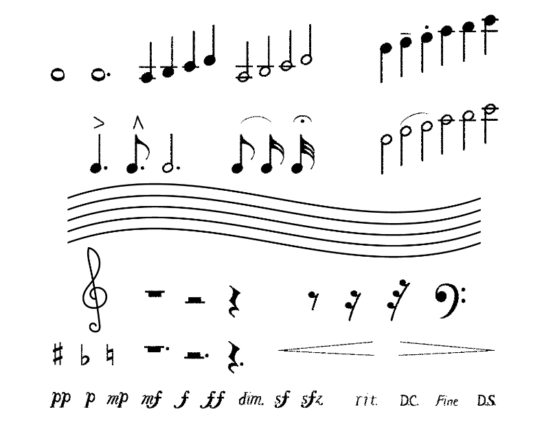 鉛筆タッチ手描き音符セット（五線譜、音符、記号、ト音記号、四分音符、ヘ音記号、シャープ、フラット、ナチュラル、ピアニッシモ、ピアノ、メゾピアノ、メゾフォルテ、フォルテ、フォルティッシモ、アクセント、タイ、スラー、フェルマータ、テヌート、スタッカート、クレッシェンド、デクレッシェンド、ディミヌエンド、スフォルツァンド、ダカーポ、フィーネ、ダルセーニョ）