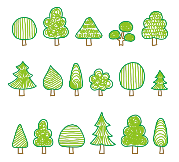 いろんな手描きの木のセット（木、手描き、緑、ツリー、森林、森、かわいい、自然、樹、林、木々）