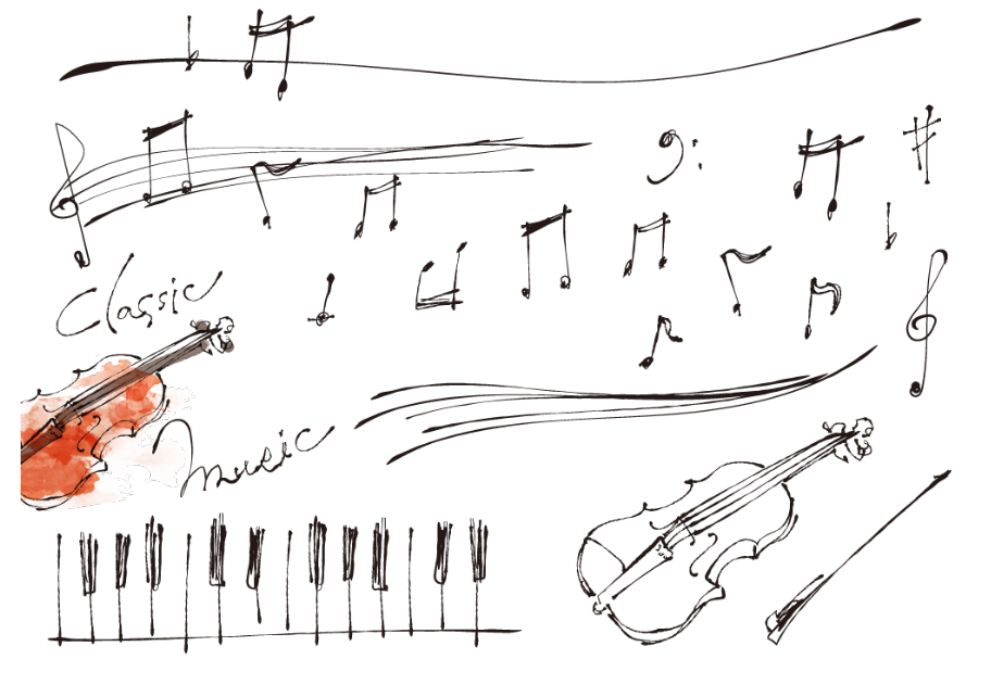 スタイリッシュな手描きの音符や五線譜（音符、楽譜、譜面、五線譜、鍵盤）