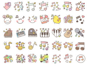 かわいい音符のアイコンセット（音符、四分音符、八分音符、クラッカー、スマイル、笑顔、吹き出し、楽譜、ピアノ、鍵盤）