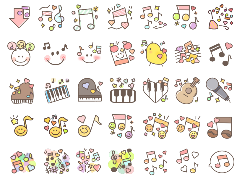 かわいい音符のアイコンセット（音符、四分音符、八分音符、クラッカー、スマイル、笑顔、吹き出し、楽譜、ピアノ、鍵盤）