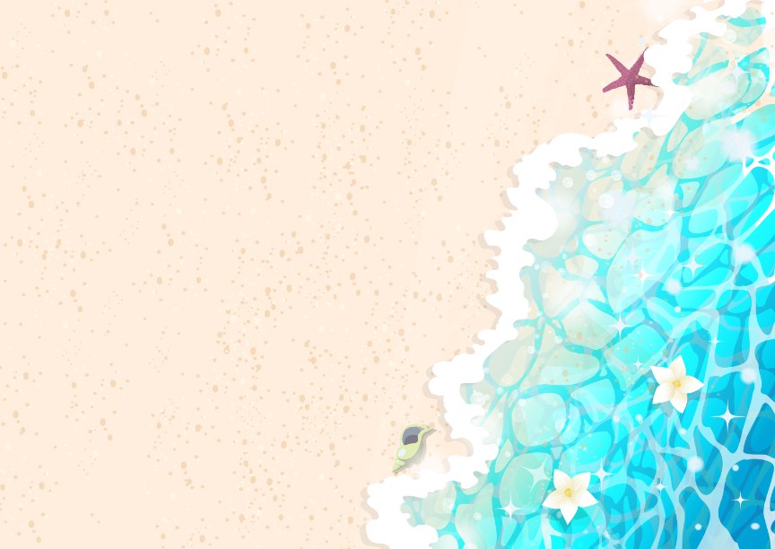 波打ち際のイラスト（砂浜、南国、さざなみ、水面、ビーチ、バニラの花、白浜）