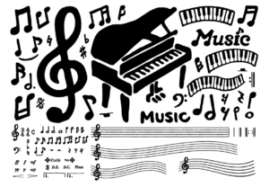 手描きペン画の音符セット（ピアノ、音符、ト音記号、楽譜、ヘ音記号、4分音符、8分音符、シャープ、フラット、全音符、休符、メゾピアノ、ピアニッシモ、フォルテッシモ）