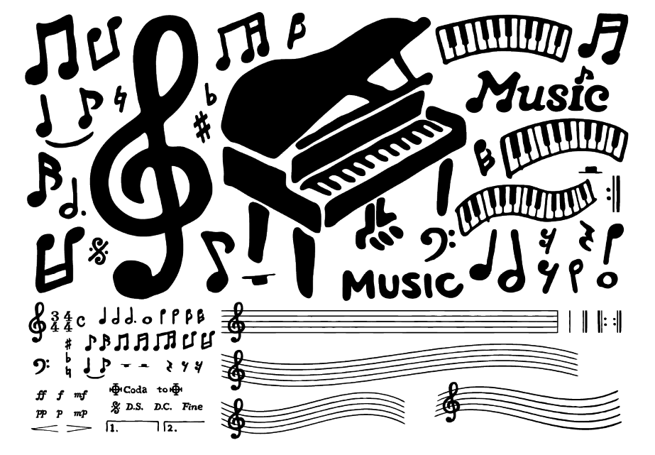 手描きペン画の音符セット（ピアノ、音符、ト音記号、楽譜、ヘ音記号、4分音符、8分音符、シャープ、フラット、全音符、休符、メゾピアノ、ピアニッシモ、フォルテッシモ）