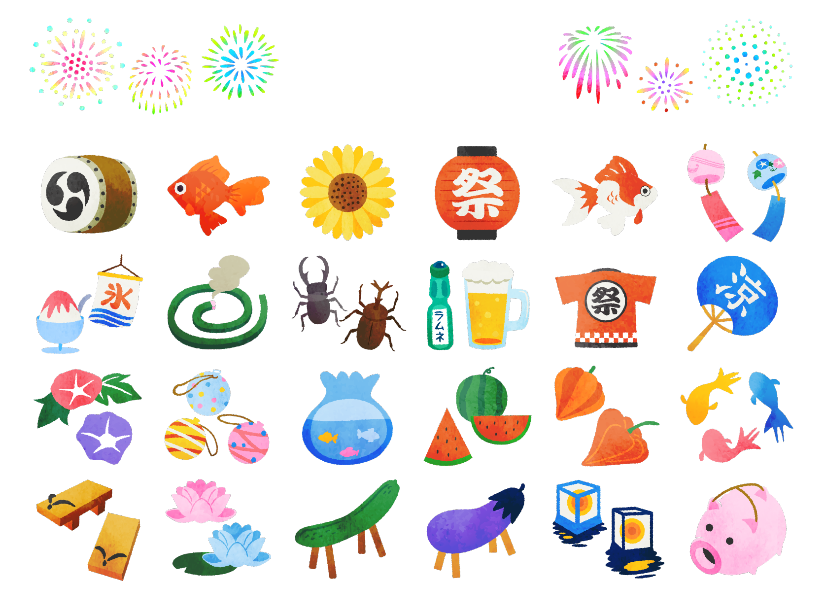 夏とお盆祭りの手描き風イラストセット（お盆、花火、祭、提灯、太鼓、朝顔、ひまわり、金魚、風鈴、スイカ、かき氷、線香、蚊取線香、灯籠流し、うちわ、精霊馬、水風船、ほおづき、睡蓮、クワガタ、カブトムシ、ラムネ、ビール、下駄）