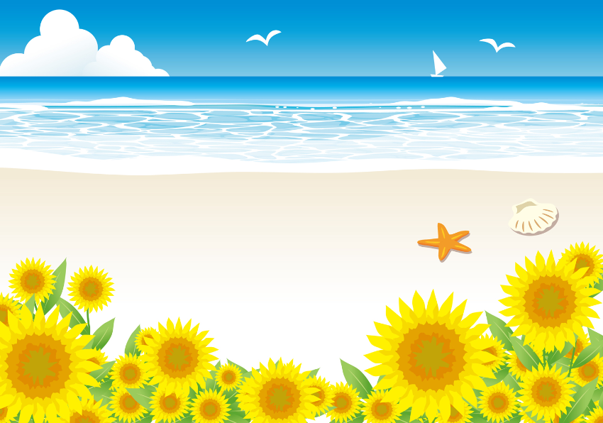 砂浜とひまわりの背景イラスト素材（砂浜、海、ひまわり、水平線、ビーチ、波、さざ波、かもめ、入道雲、ヨット、貝殻）
