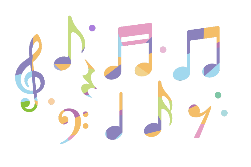 カラフルな音符のアイコンセット（音符、音楽、楽譜、休符、ト音記号、ヘ音記号、イラスト、アイコン、ベクター、パステルカラー、カラフル、四分音符、八分音符）