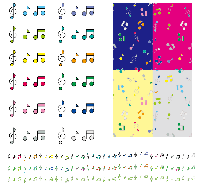 カラフルな音符や記号のパターンやブラシセット（音符、トーン記号、カラフル、パターン、ブラシ、音楽）