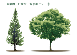 リアルな木のイラスト（木、樹木、針葉樹、広葉樹、街路樹、植木）