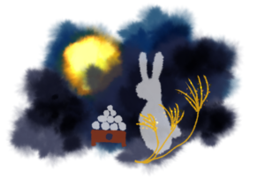 切り絵風お月見イラスト（お月見、中秋の名月、満月、うさぎ、団子、ススキ）