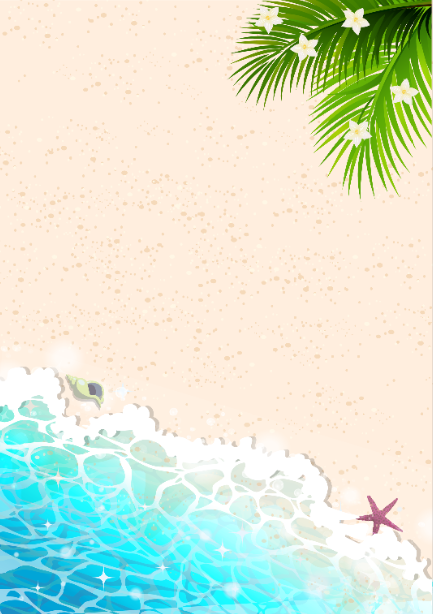 波打ち際の南国風背景イラスト素材（砂浜、南国、波紋、きらきら、水面、ビーチ、花、貝殻）