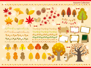 色んな秋の木イラストセット（秋、紅葉、飾り罫、フレーム、いちょう、銀杏、りす、どんぐり、赤とんぼ、落ち葉、おちば）