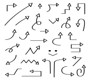手描き風矢印セット（矢印、黒、手書き、上矢印、下矢印、上昇、下降、方向、ジグザク、カーブ、直線、上方向、下方向、右方向、左方向、上、下、右、左、顔）