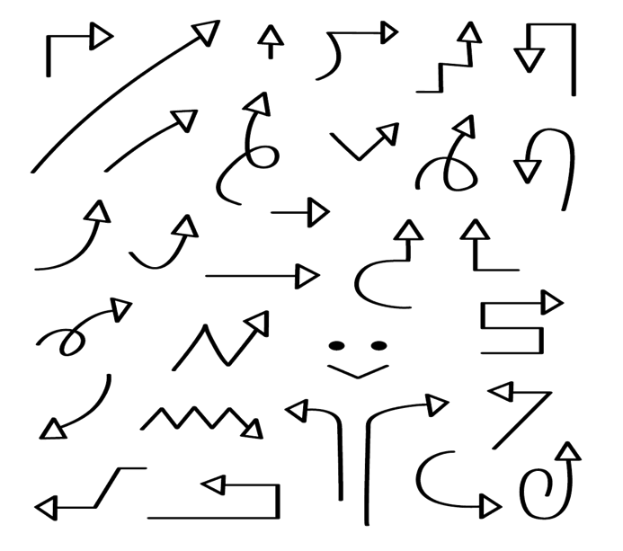 手描き風矢印セット（矢印、黒、手書き、上矢印、下矢印、上昇、下降、方向、ジグザク、カーブ、直線、上方向、下方向、右方向、左方向、上、下、右、左、顔）