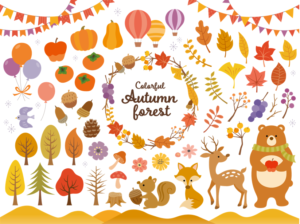 北欧風秋の森のイラストセット（秋、落ち葉、落葉、紅葉、木の実、枝、葉っぱ、リス、鹿、熊、きつね、ぶどう、どんぐり、松ぼっくり、柿、イチョウ、枯れ葉、かぼちゃ、りんご、風船、気球、鳥、鳩、きのこ、切り株、もみの木）