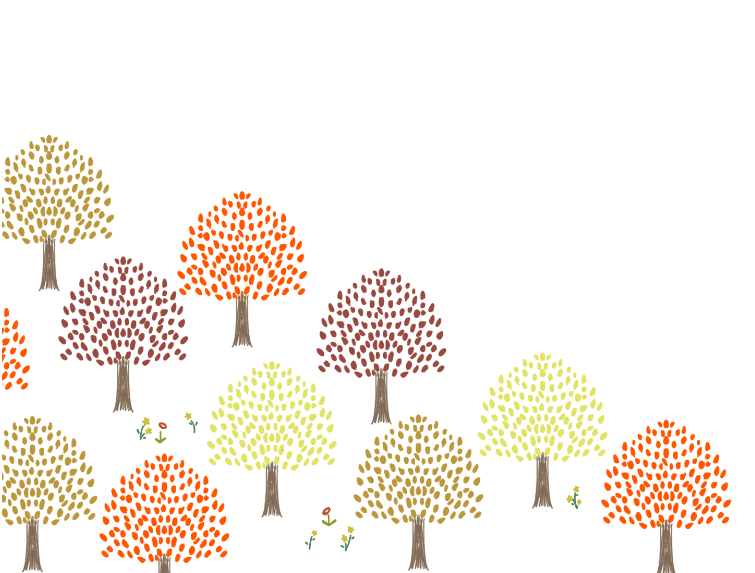 広葉樹林の森のカード（森、林、木、花、ナチュラル、北欧、手描き、絵本、秋、紅葉、広葉樹）