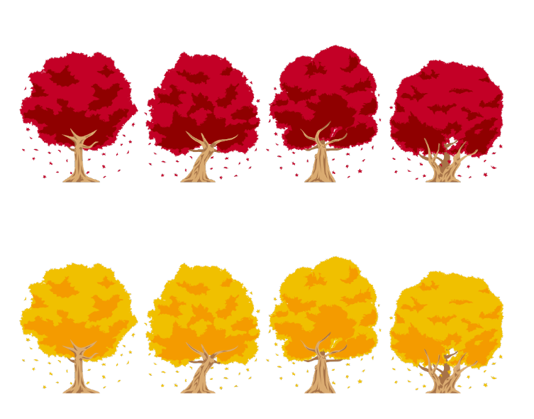 紅葉色の木のセット（木、紅葉、広葉樹、紅葉狩り、もみじ、落葉樹、黄葉、楓）