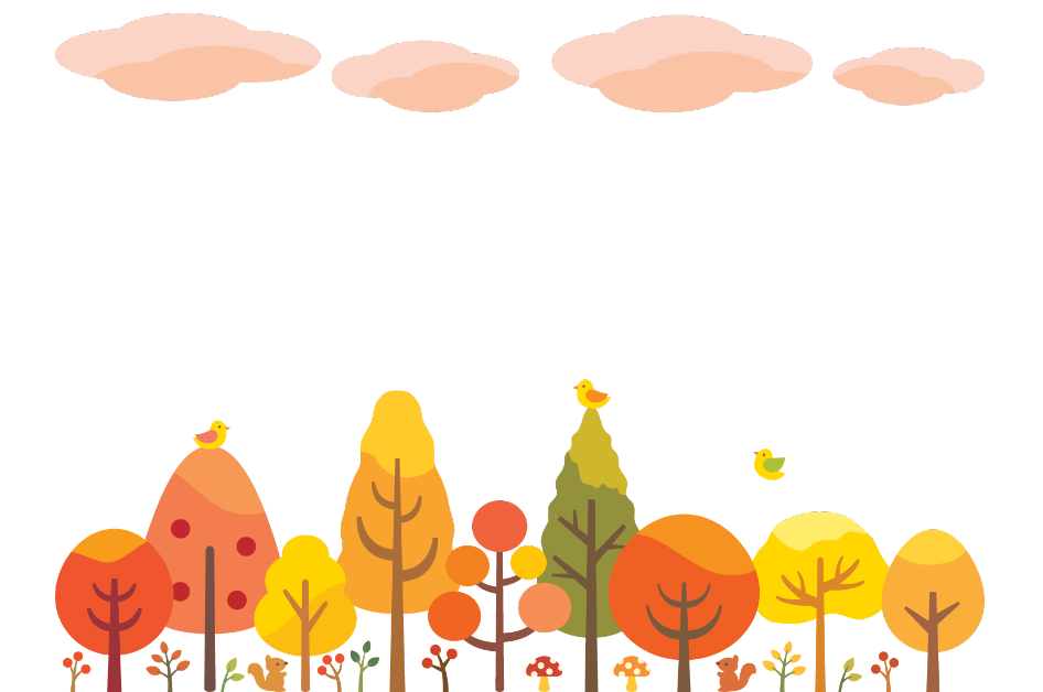 秋の森のイラスト（森、樹々、紅葉、もみじ、葉っぱ、リス、小鳥、空、雲）