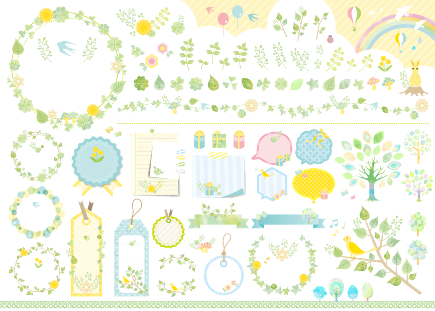水彩春素材（春、水彩、新緑、花、リボン、吹き出し、緑、グリーン、植物、葉、フレーム、枠、音符、たんぽぽ、鳥、動物、木、メモ帳、プレゼント、水滴、キラキラ、よつ葉、きのこ、風船、気球、ちょうちょ、昆虫、てんとう虫、パステル、北欧風）