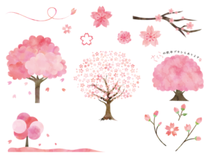 桜セット（さくら、水彩風、木、フレーム、春、花、花びら、花見、ピンク、手描き、ナチュラル、レトロ）